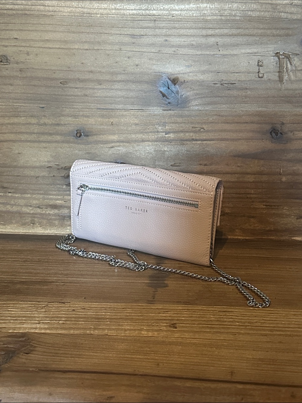 Ted Baker Pale Pink Quilted Crossbody Wallet with Silver Chain